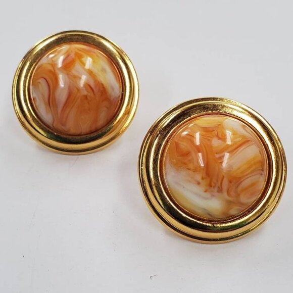 Vintage Signed Joan Rivers Dome Marble Motif Statement Clip-on Earrings - Picture 1 of 8